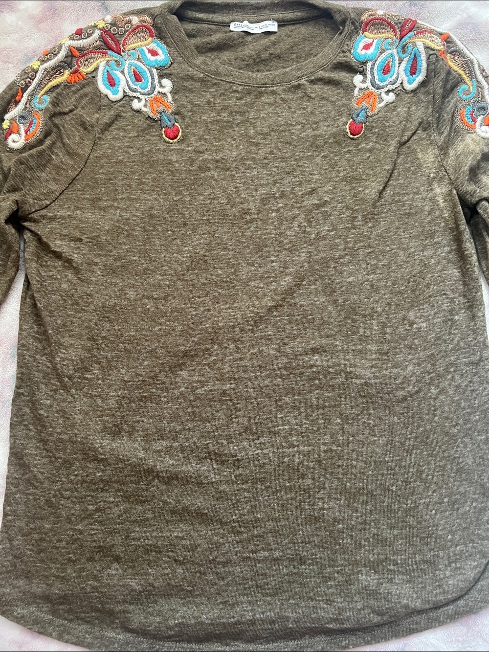 Zara Olive Green Sweater with Multicolor Embroidered Shoulders